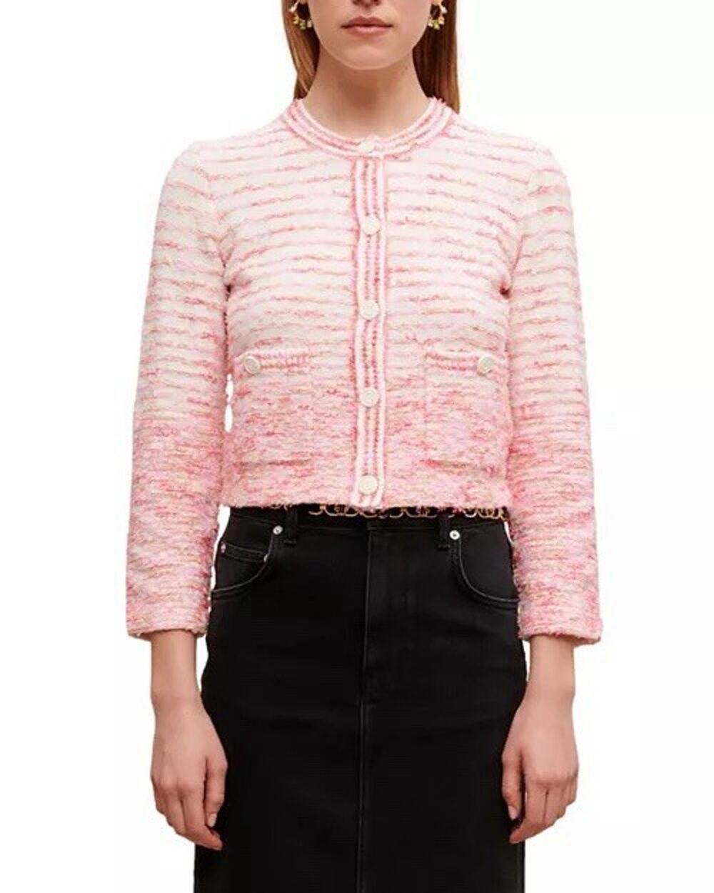 Maje Mexico Knit Cardigan Sweater Womens 1 Small Pink White Snap Tweed Cropped